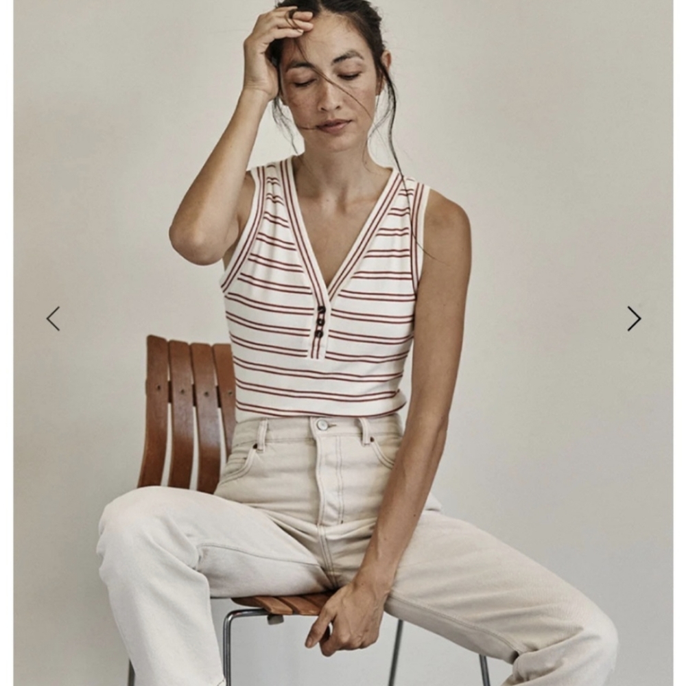 Striped V-Neck Henley Tank Top - White with Blue Stripes